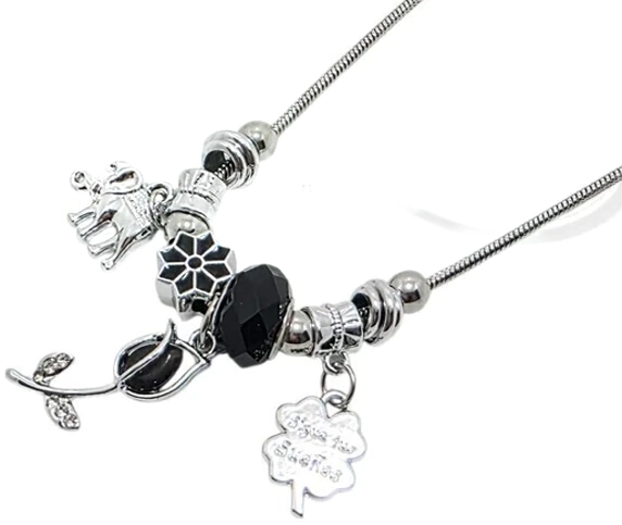 Cadena de acero quirurgico cola de raton simil pandora con dijes fantasia elefante tulipan negro 45c